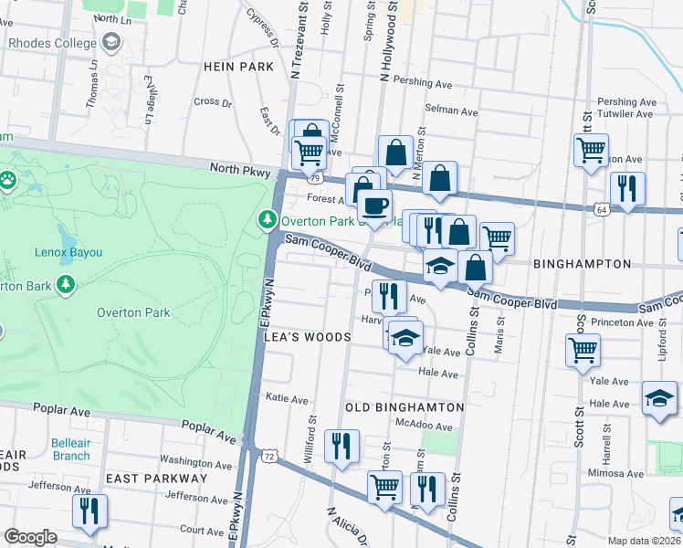map of restaurants, bars, coffee shops, grocery stores, and more near 2429 Autumn Avenue in Memphis