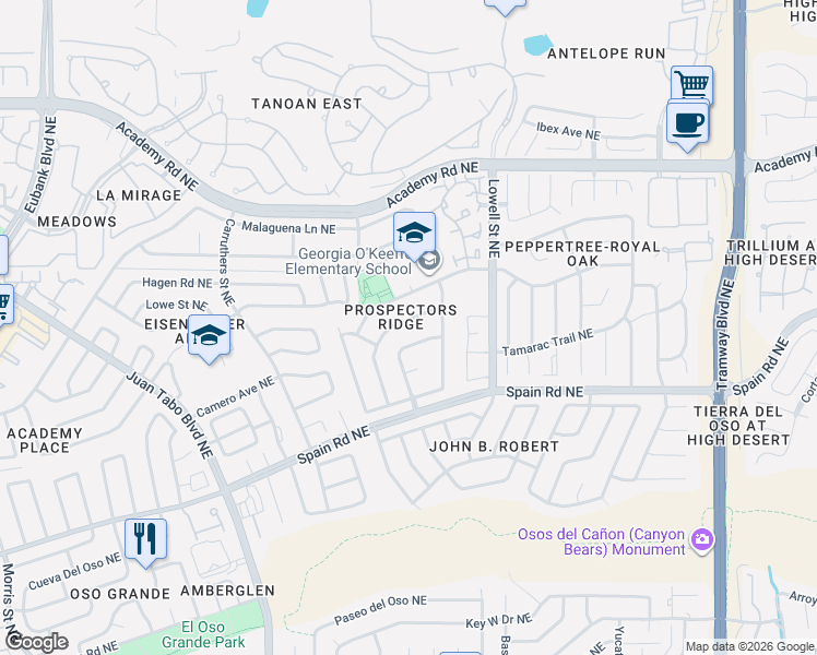 map of restaurants, bars, coffee shops, grocery stores, and more near 5801 Nugget Avenue Northeast in Albuquerque