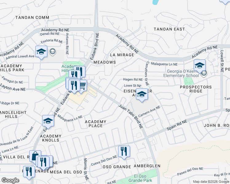 map of restaurants, bars, coffee shops, grocery stores, and more near 5775 Manzanillo Loop Northeast in Albuquerque