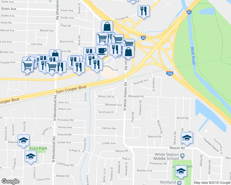 map of restaurants, bars, coffee shops, grocery stores, and more near 5196 White Cliff Drive in Memphis