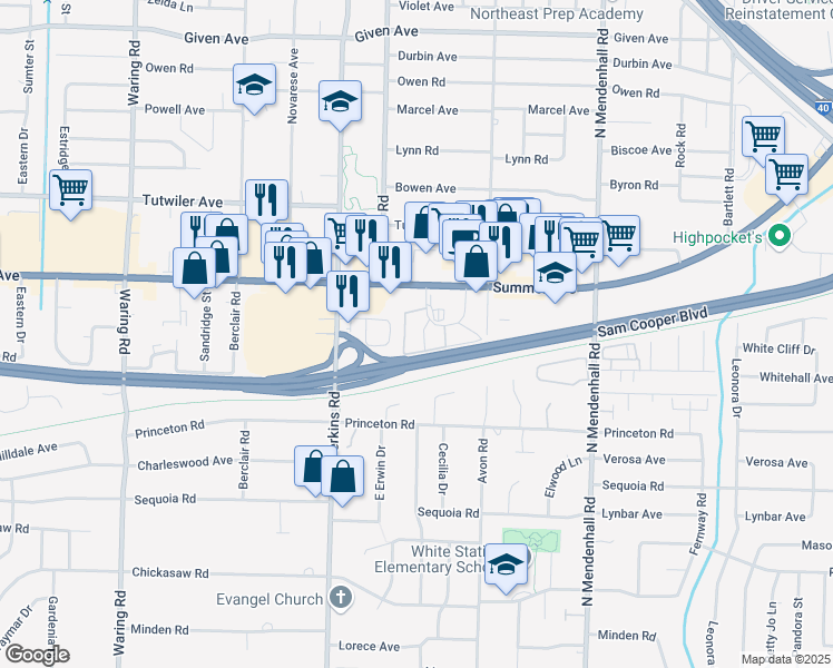 map of restaurants, bars, coffee shops, grocery stores, and more near 4641 South Renshaw Drive in Memphis