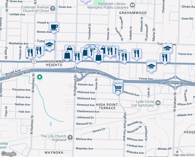 map of restaurants, bars, coffee shops, grocery stores, and more near 3590 Autumn in Memphis