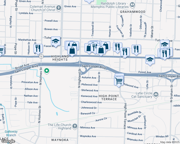 map of restaurants, bars, coffee shops, grocery stores, and more near 3540 Autumn in Memphis