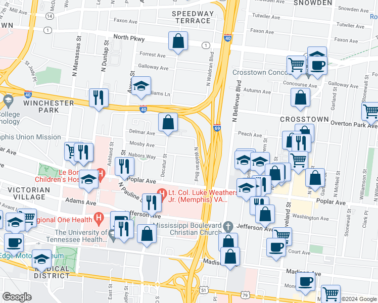 map of restaurants, bars, coffee shops, grocery stores, and more near 241 North Waldran Boulevard in Memphis