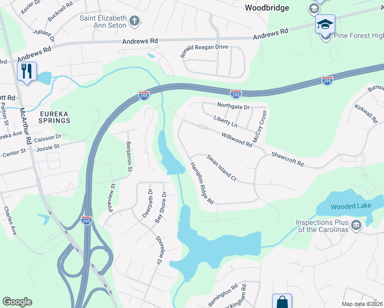 map of restaurants, bars, coffee shops, grocery stores, and more near 3044 Hampton Ridge Road in Fayetteville