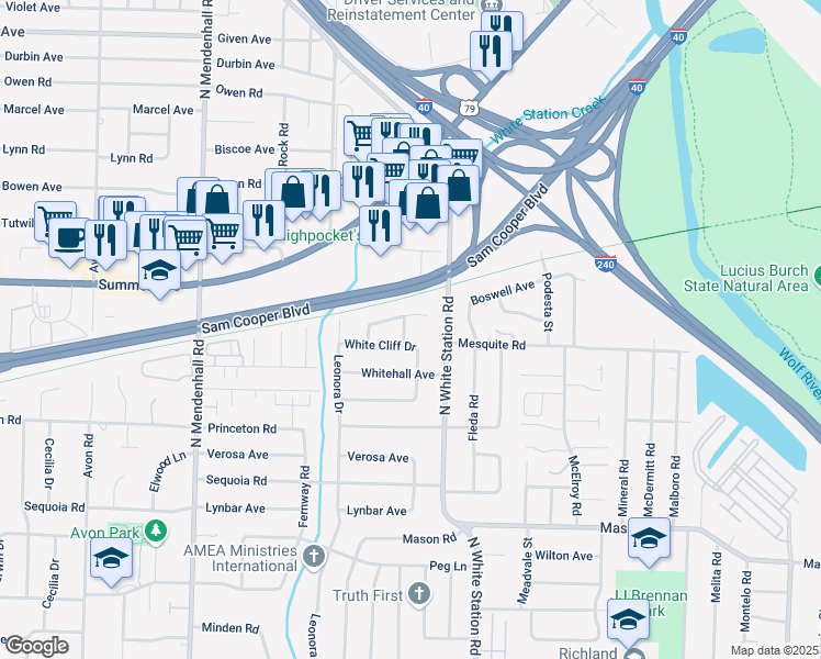 map of restaurants, bars, coffee shops, grocery stores, and more near 582 Desha Street in Memphis