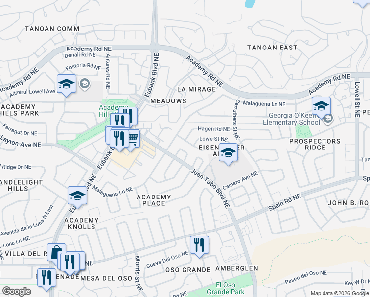 map of restaurants, bars, coffee shops, grocery stores, and more near 5775 Manzanillo Loop Northeast in Albuquerque