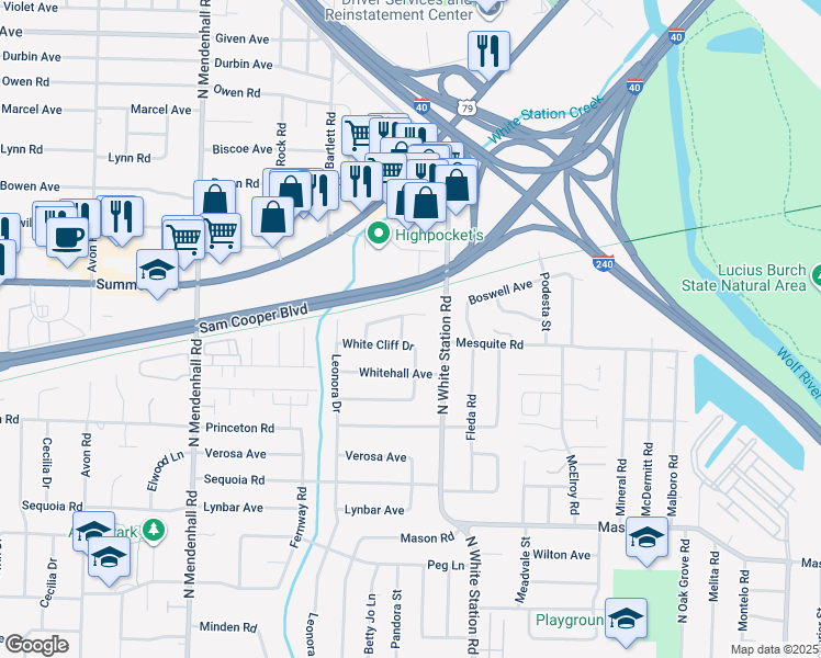 map of restaurants, bars, coffee shops, grocery stores, and more near 5196 White Cliff Drive in Memphis
