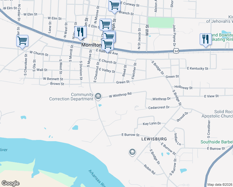 map of restaurants, bars, coffee shops, grocery stores, and more near 6 West Winthrop Road in Morrilton