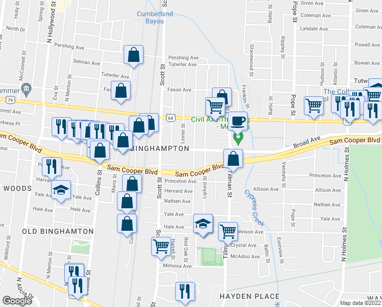 map of restaurants, bars, coffee shops, grocery stores, and more near 2895 Broad Avenue in Memphis