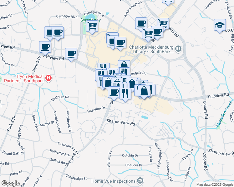 map of restaurants, bars, coffee shops, grocery stores, and more near 4735 Sharon Road in Charlotte