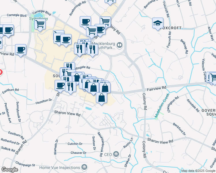 map of restaurants, bars, coffee shops, grocery stores, and more near 4525 Cameron Valley Parkway in Charlotte