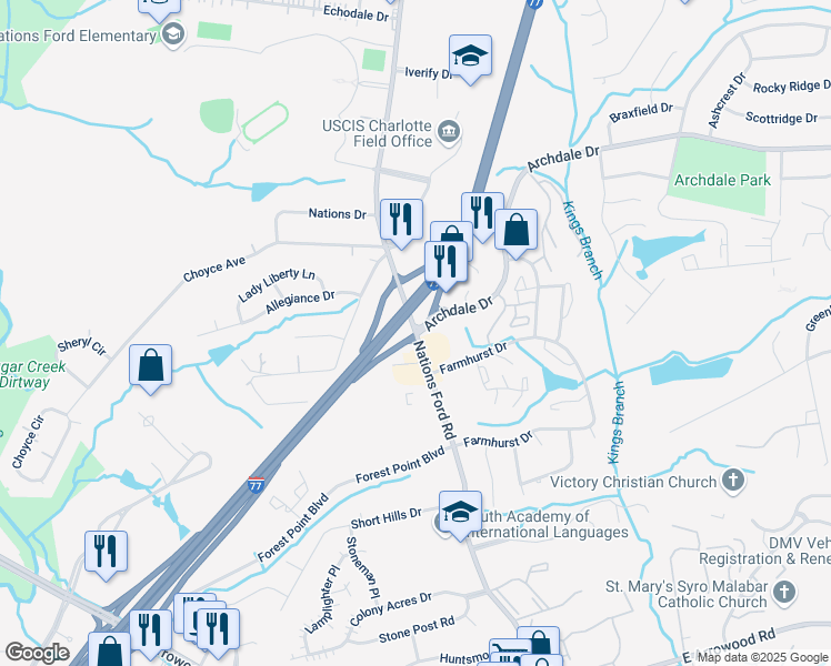 map of restaurants, bars, coffee shops, grocery stores, and more near Nations Ford Rd & Archdale Dr in Charlotte