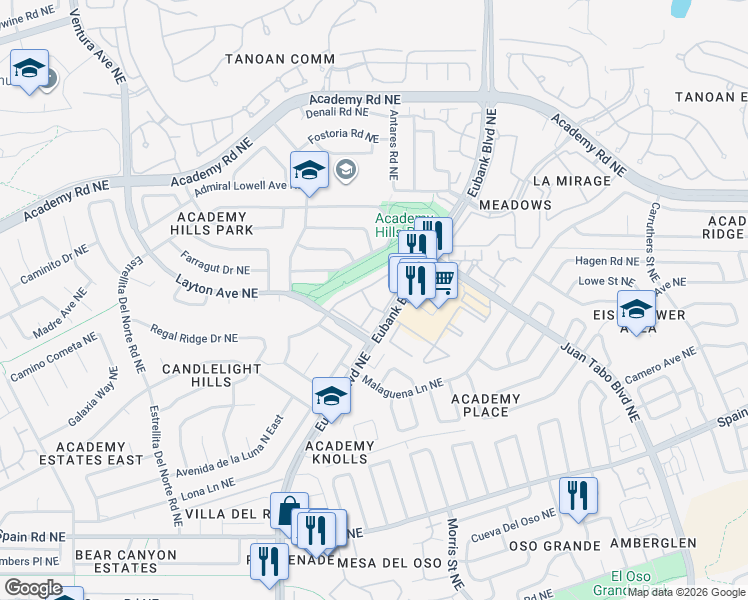 map of restaurants, bars, coffee shops, grocery stores, and more near 5801 Eubank Boulevard Northeast in Albuquerque