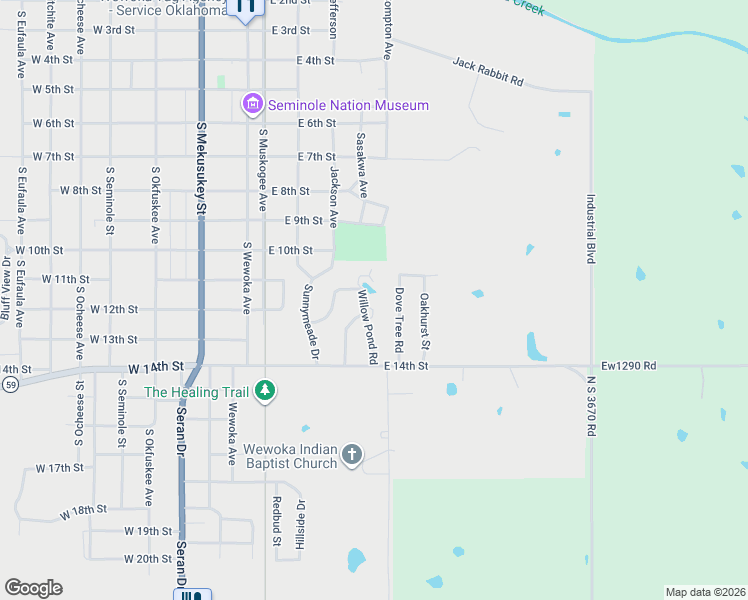 map of restaurants, bars, coffee shops, grocery stores, and more near 1030 Willow Pond Road in Wewoka