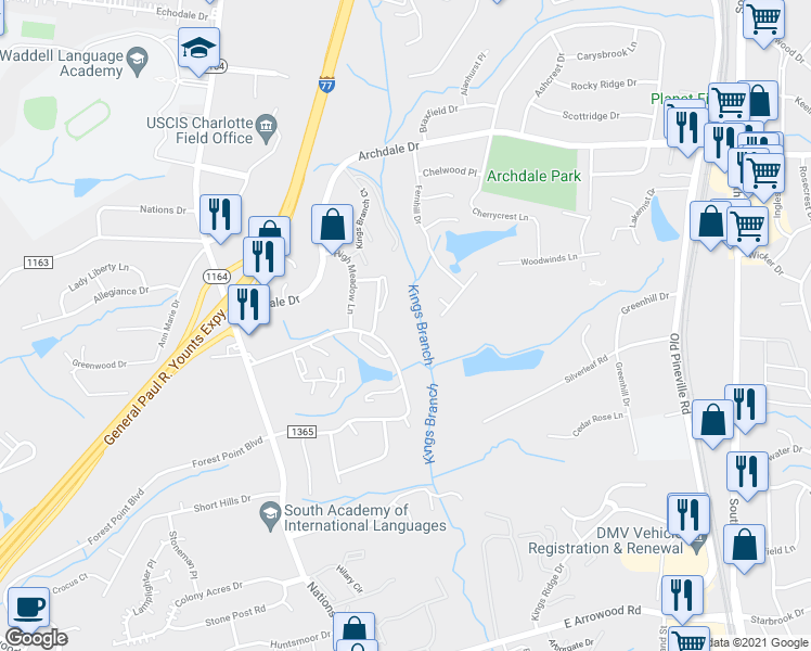 map of restaurants, bars, coffee shops, grocery stores, and more near 702 Farmhurst Drive in Charlotte