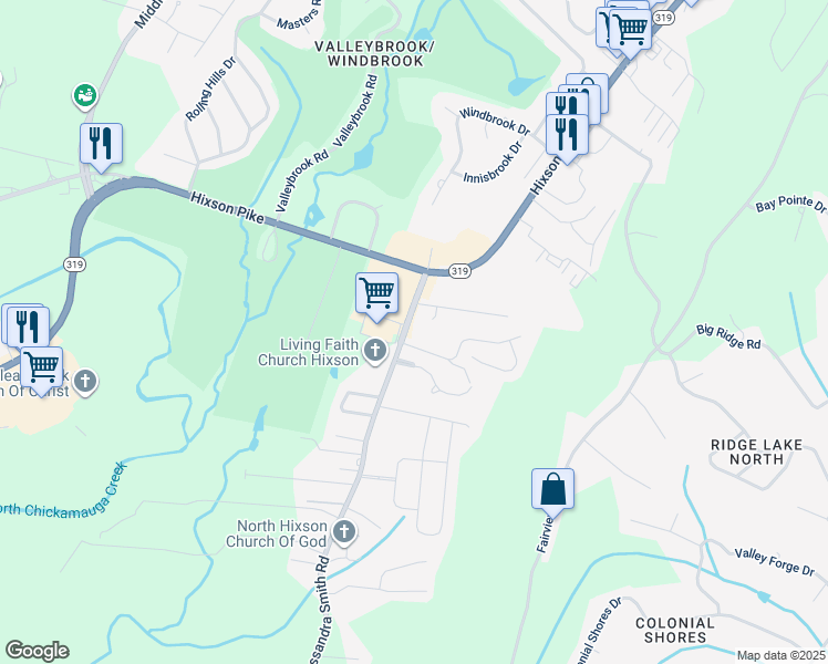 map of restaurants, bars, coffee shops, grocery stores, and more near 5804 Cassandra Smith Road in Chattanooga