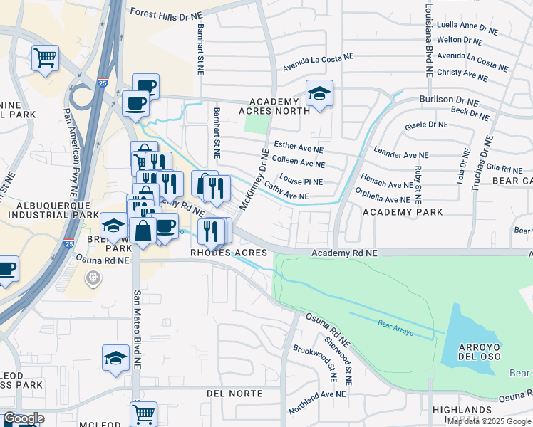 map of restaurants, bars, coffee shops, grocery stores, and more near 6509 Martin Court Northeast in Albuquerque