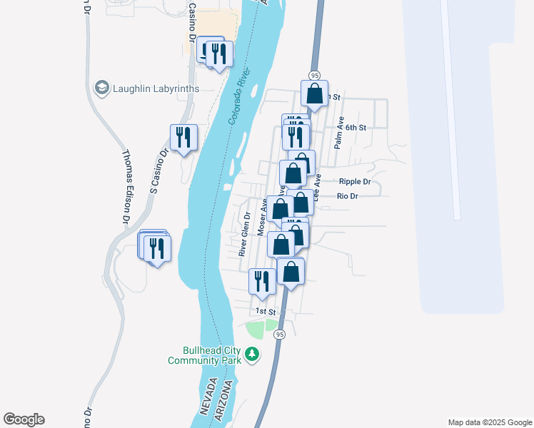 map of restaurants, bars, coffee shops, grocery stores, and more near 361 Long Avenue in Bullhead City