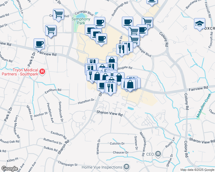 map of restaurants, bars, coffee shops, grocery stores, and more near 4777 Sharon Road in Charlotte