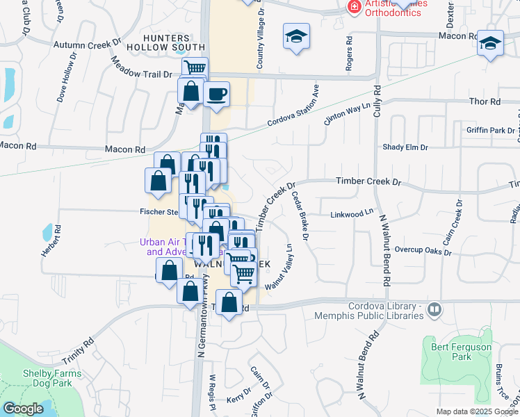 map of restaurants, bars, coffee shops, grocery stores, and more near 8146 Walnut Valley Cove in Memphis