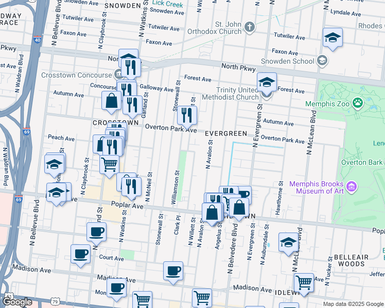 map of restaurants, bars, coffee shops, grocery stores, and more near 306 North Willett Street in Memphis