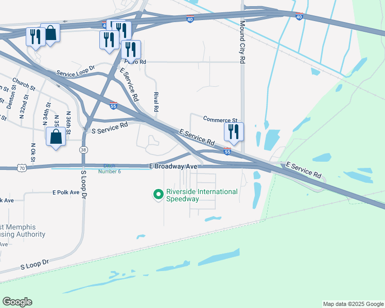 map of restaurants, bars, coffee shops, grocery stores, and more near 4060 East Broadway Avenue in West Memphis