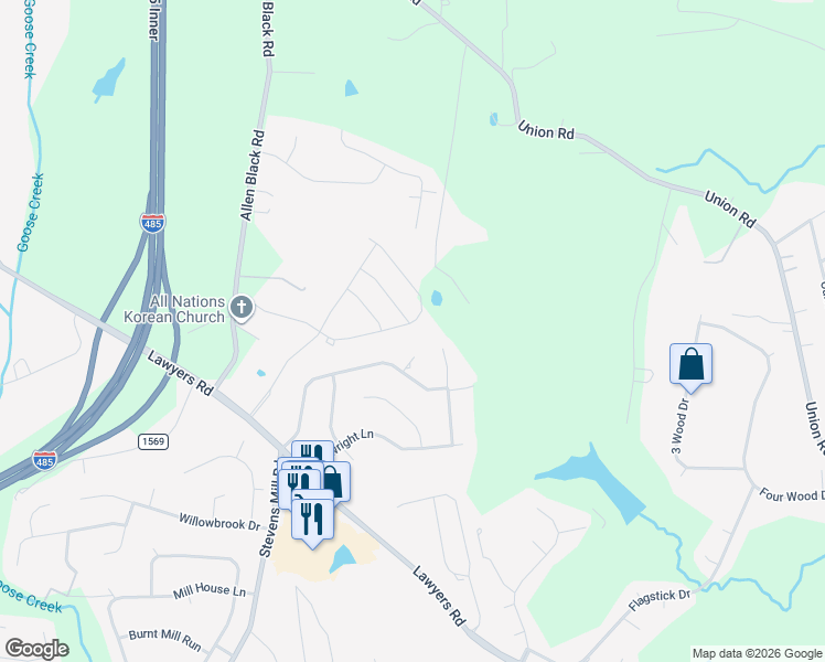 map of restaurants, bars, coffee shops, grocery stores, and more near 8139 Stevens Mill Road in Matthews
