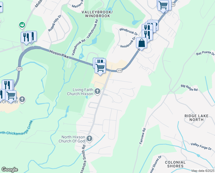 map of restaurants, bars, coffee shops, grocery stores, and more near 5804 Cassandra Smith Road in Chattanooga