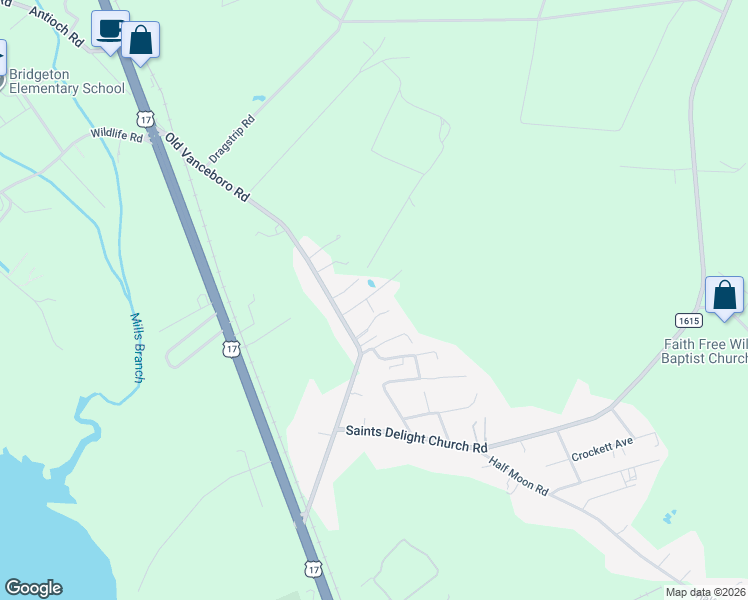 map of restaurants, bars, coffee shops, grocery stores, and more near 107 Jessie Lane in New Bern