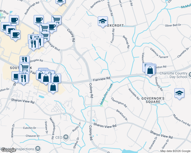 map of restaurants, bars, coffee shops, grocery stores, and more near 4601 Colony Road in Charlotte