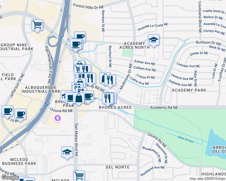 map of restaurants, bars, coffee shops, grocery stores, and more near in Albuquerque