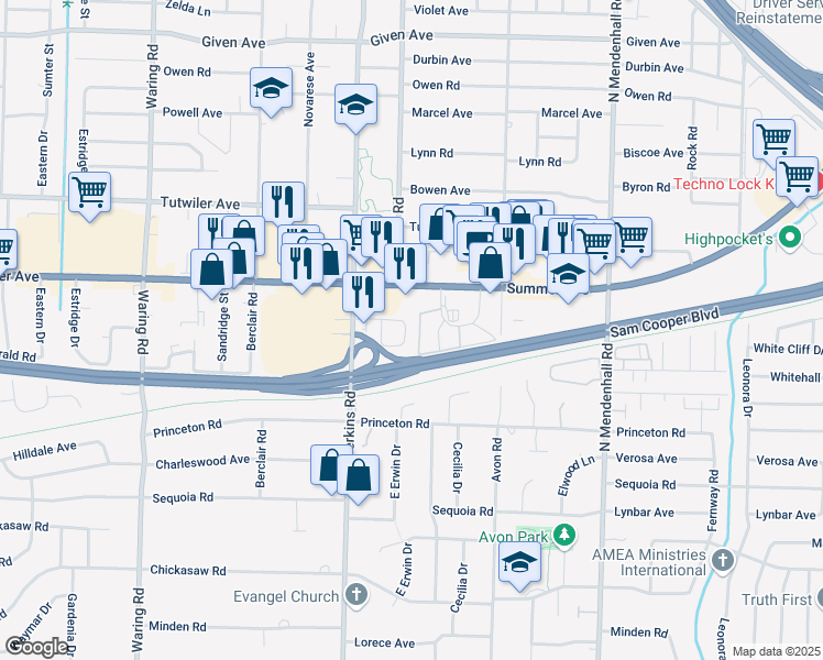 map of restaurants, bars, coffee shops, grocery stores, and more near 4650 North Renshaw Drive in Memphis