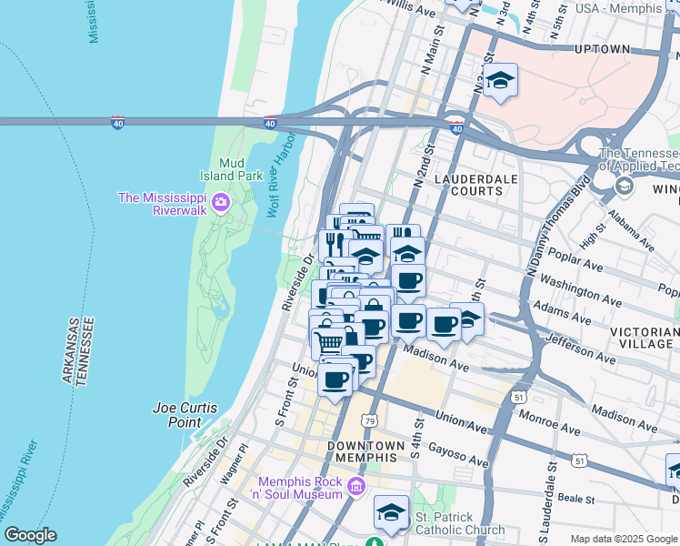 map of restaurants, bars, coffee shops, grocery stores, and more near in Memphis