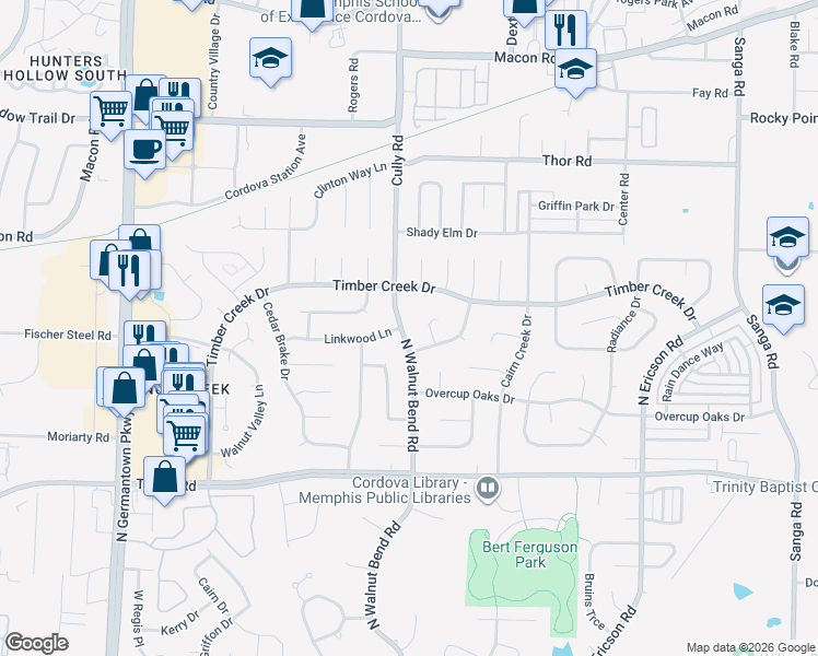 map of restaurants, bars, coffee shops, grocery stores, and more near 8379 Timber Creek Drive in Memphis