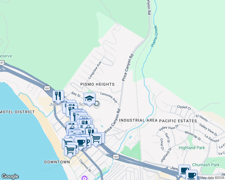 map of restaurants, bars, coffee shops, grocery stores, and more near 765 Price Canyon Road in Pismo Beach