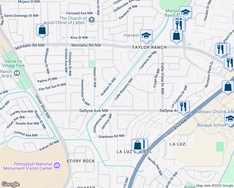 map of restaurants, bars, coffee shops, grocery stores, and more near 5325 Calle Nuestra Northwest in Albuquerque