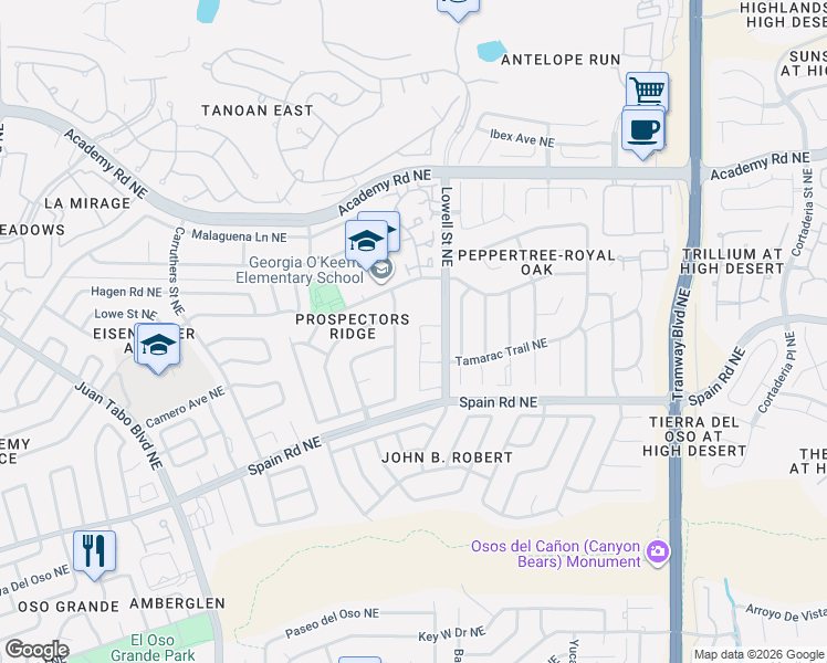 map of restaurants, bars, coffee shops, grocery stores, and more near 5801 Lowell Street Northeast in Albuquerque