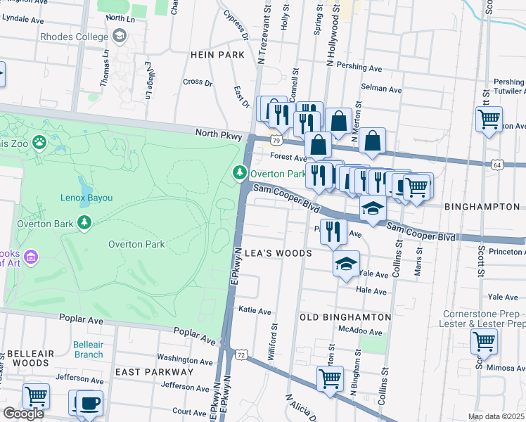 map of restaurants, bars, coffee shops, grocery stores, and more near 2367 Autumn Avenue in Memphis