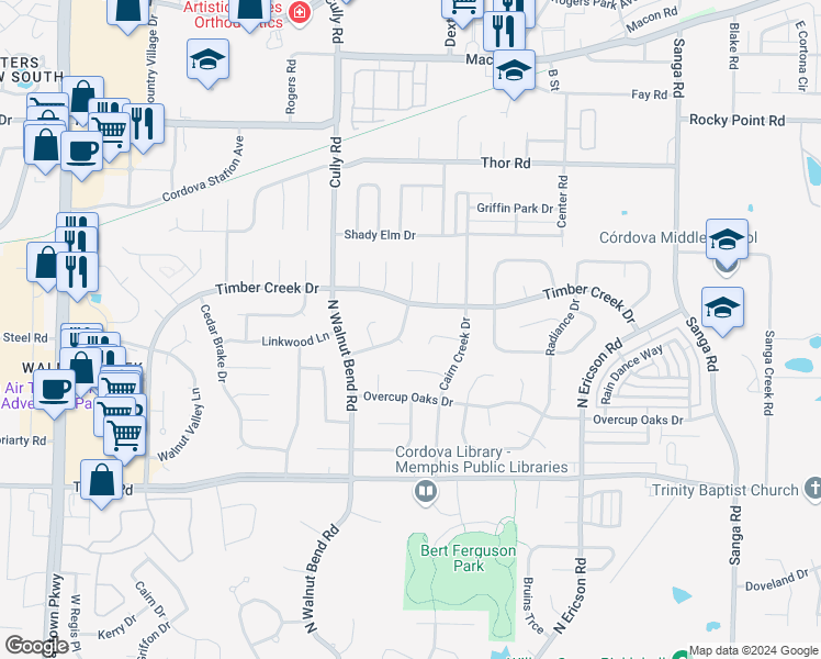 map of restaurants, bars, coffee shops, grocery stores, and more near 8429 Wood Shadows Lane in Memphis