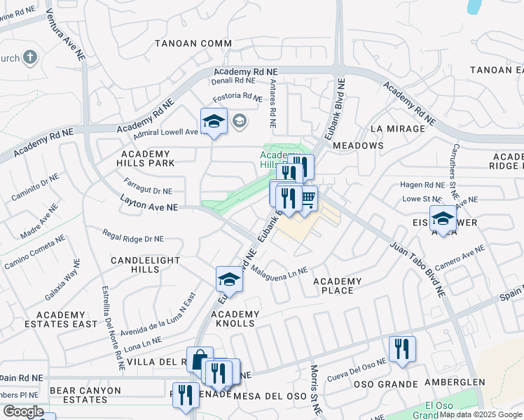 map of restaurants, bars, coffee shops, grocery stores, and more near 5801 Eubank Boulevard Northeast in Albuquerque