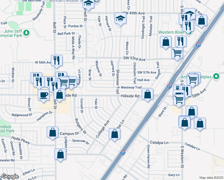 map of restaurants, bars, coffee shops, grocery stores, and more near 5805 Harvard Street in Amarillo