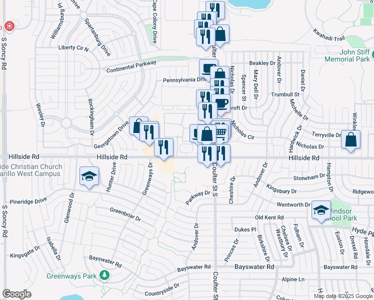 map of restaurants, bars, coffee shops, grocery stores, and more near 7301 Hillside Road in Amarillo