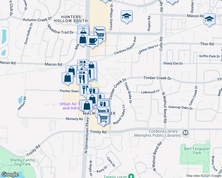 map of restaurants, bars, coffee shops, grocery stores, and more near 831 Timber Creek Drive in Memphis