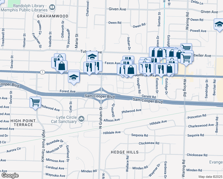 map of restaurants, bars, coffee shops, grocery stores, and more near 4026 Forrest Drive in Memphis