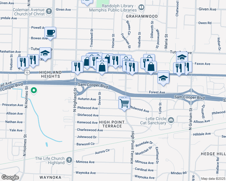 map of restaurants, bars, coffee shops, grocery stores, and more near 3674 High Point Drive in Memphis