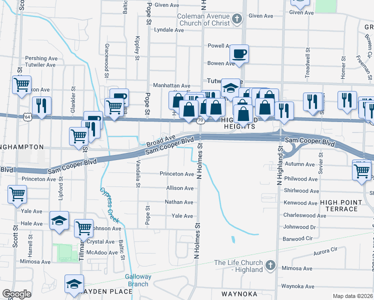 map of restaurants, bars, coffee shops, grocery stores, and more near 567 North Holmes Street in Memphis