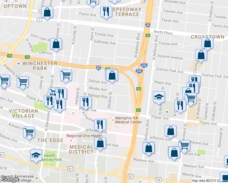 map of restaurants, bars, coffee shops, grocery stores, and more near 1039 Delmar Avenue in Memphis