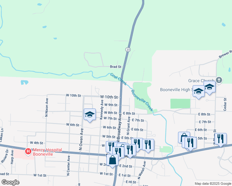 map of restaurants, bars, coffee shops, grocery stores, and more near 97 West 10th Street in Booneville