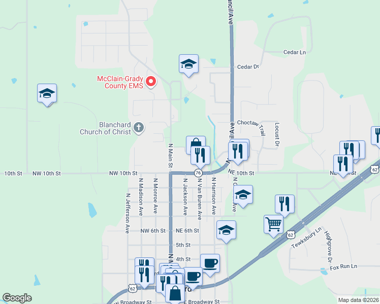 map of restaurants, bars, coffee shops, grocery stores, and more near 203 Summerfield Drive in Blanchard
